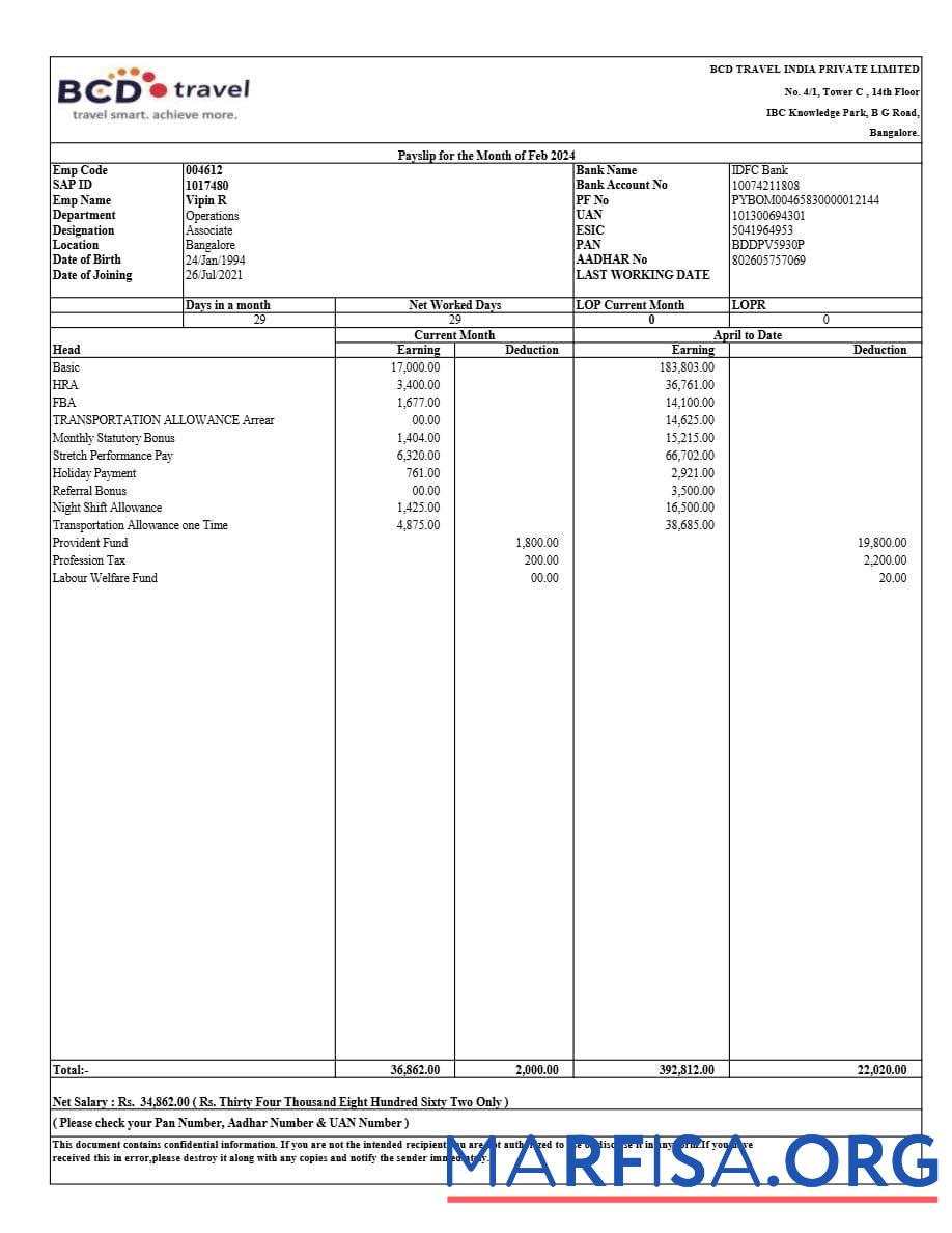 Realistic BCD Travel India payslip download for verification